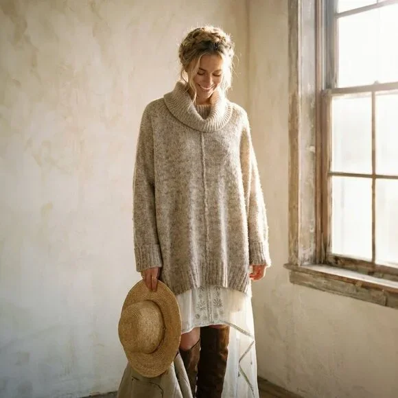 KAISLEY Scandi Neutral Heathered Cowl Turtleneck Boho Oversized Sweater Sz S - Picture 1 of 12